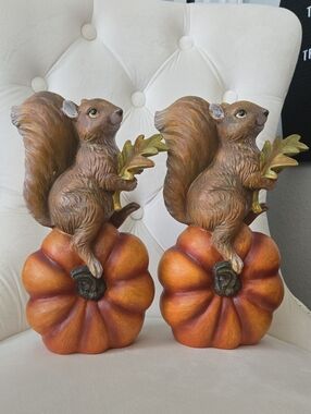 T.J.Maxx Brown Squirrel Pair on Orange Pumpkins Figurines